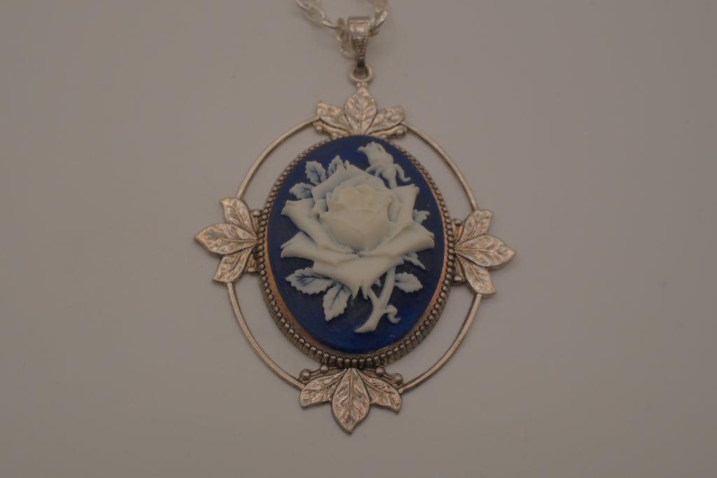 Victorian-style blue and white rose cameo pendant necklace