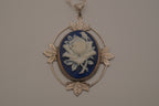 Victorian-style blue and white rose cameo pendant necklace