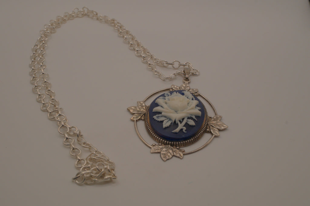 Victorian-style blue and white rose cameo pendant necklace