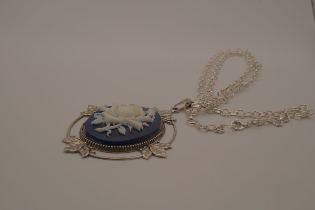 Victorian-style blue and white rose cameo pendant necklace