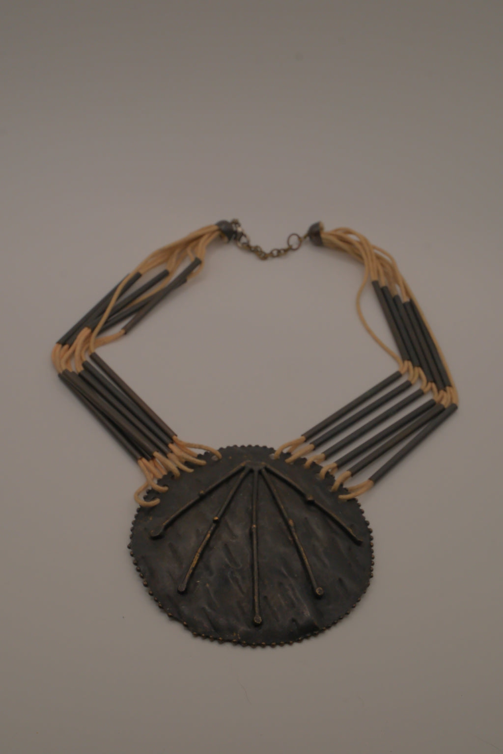 Vintage modernist brass and leather statement bib necklace
