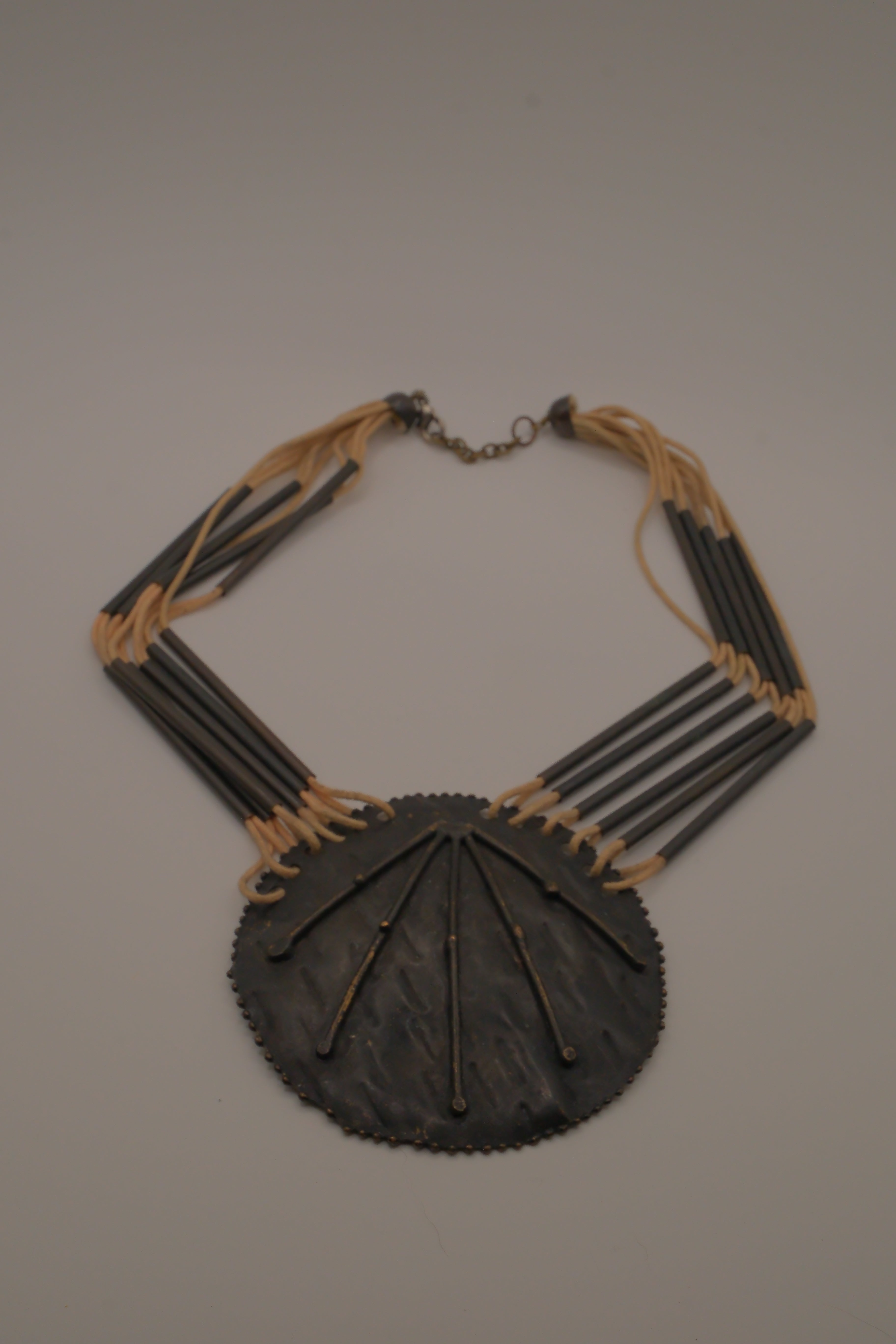 Vintage modernist brass and leather statement bib necklace