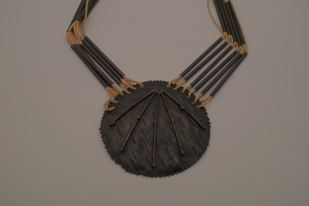 Vintage modernist brass and leather statement bib necklace