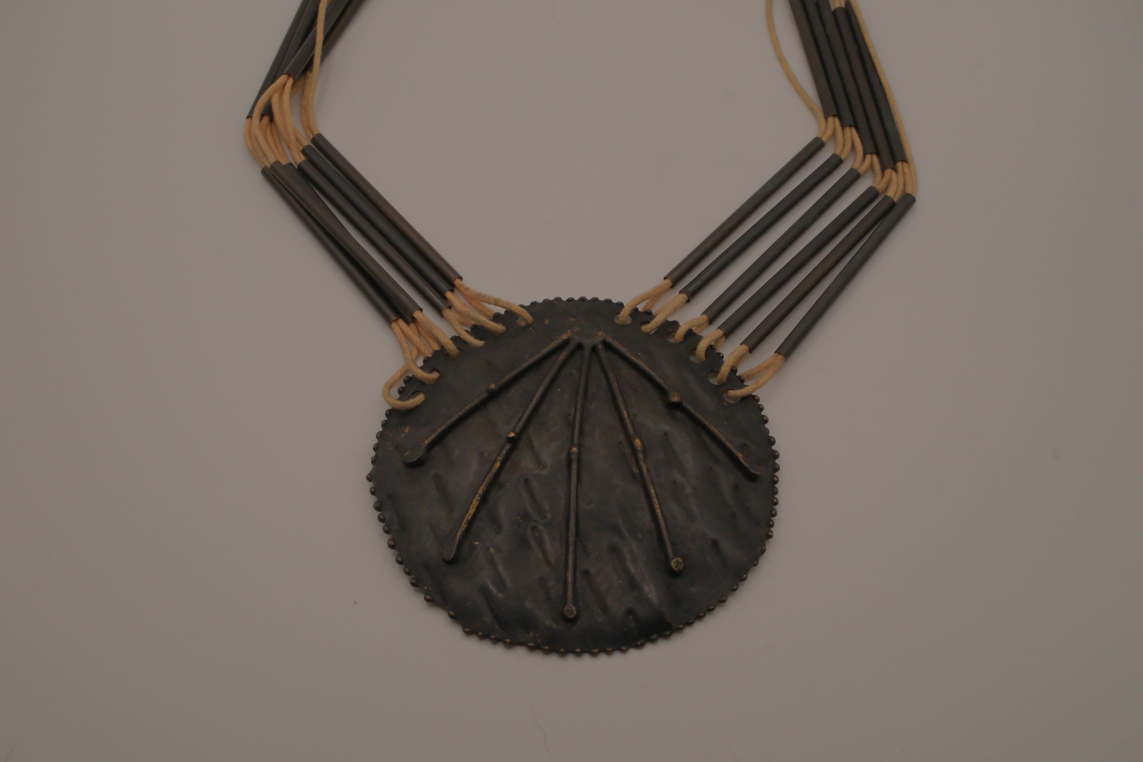 Vintage modernist brass and leather statement bib necklace