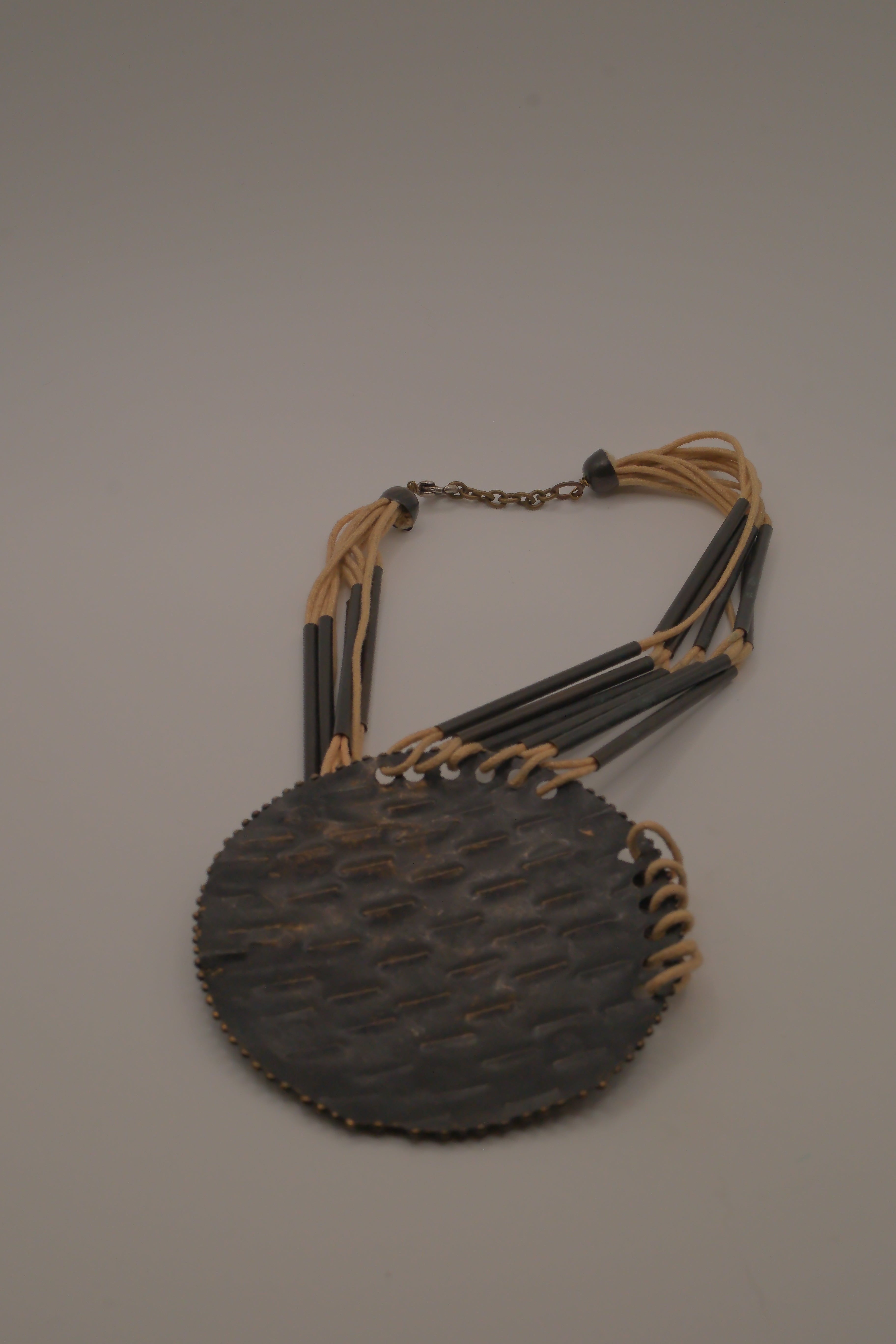 Vintage modernist brass and leather statement bib necklace