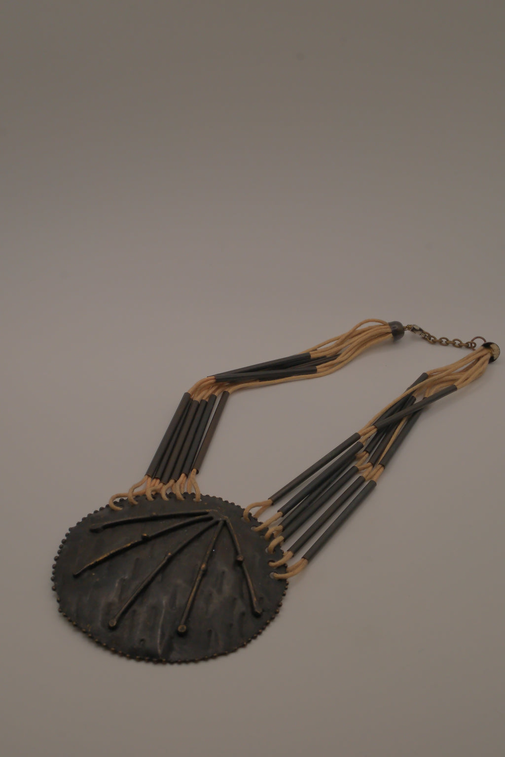 Vintage modernist brass and leather statement bib necklace