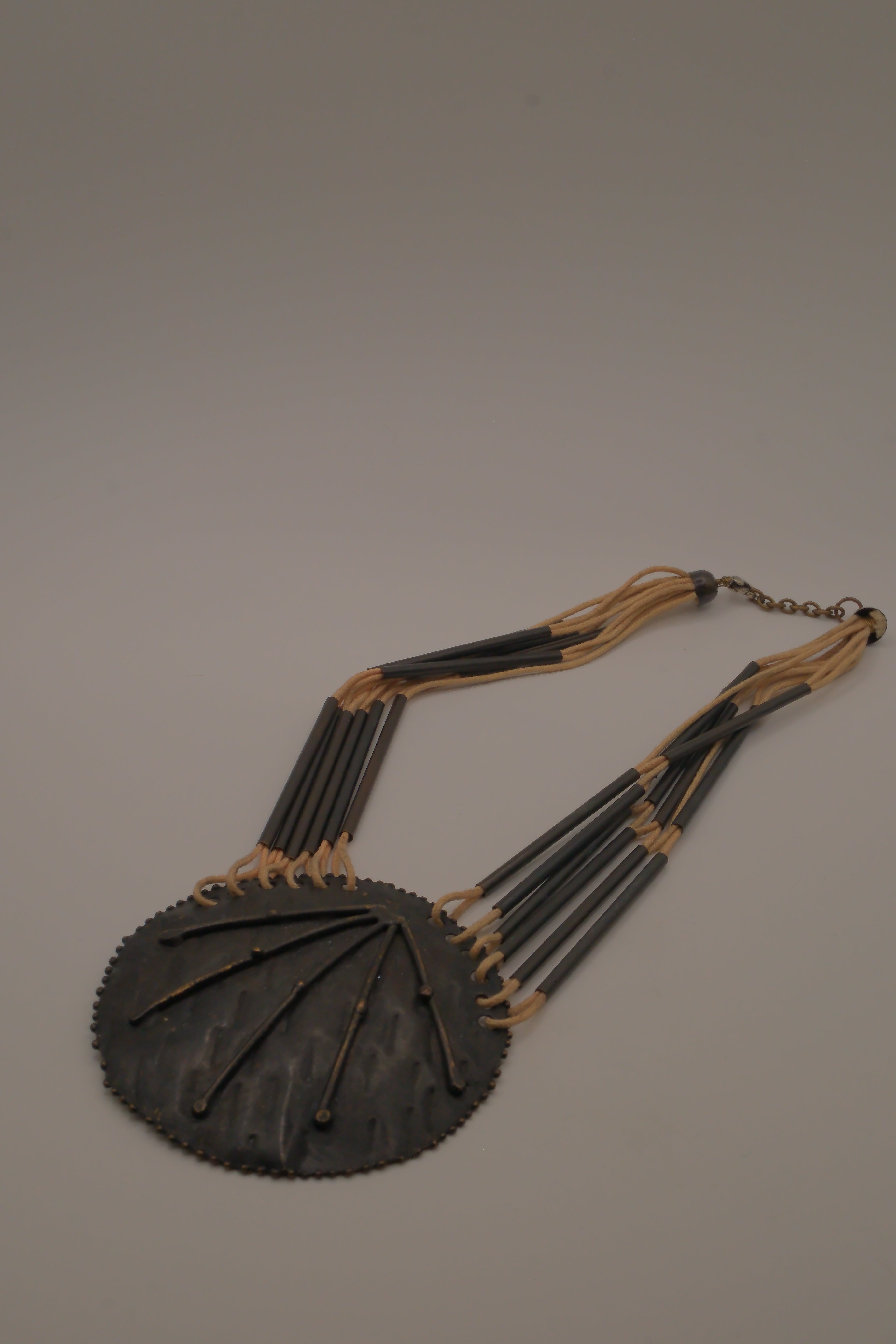 Vintage modernist brass and leather statement bib necklace