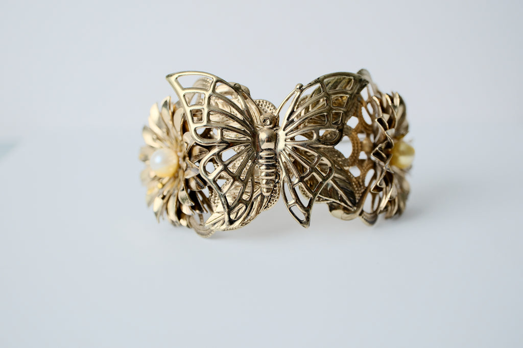 Vintage Gold Butterfly and Pearl Cuff Bangle