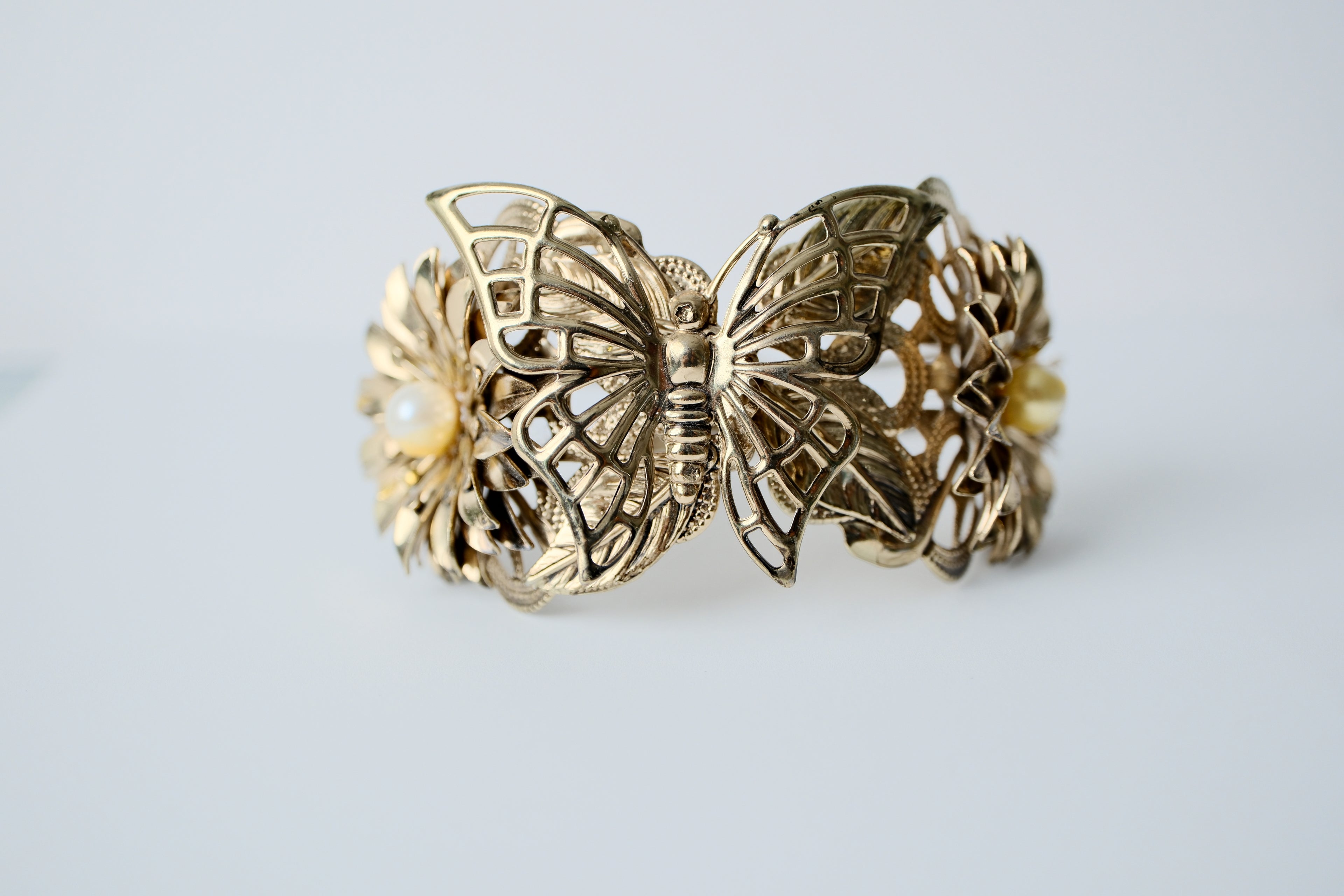 Vintage Gold Butterfly and Pearl Cuff Bangle