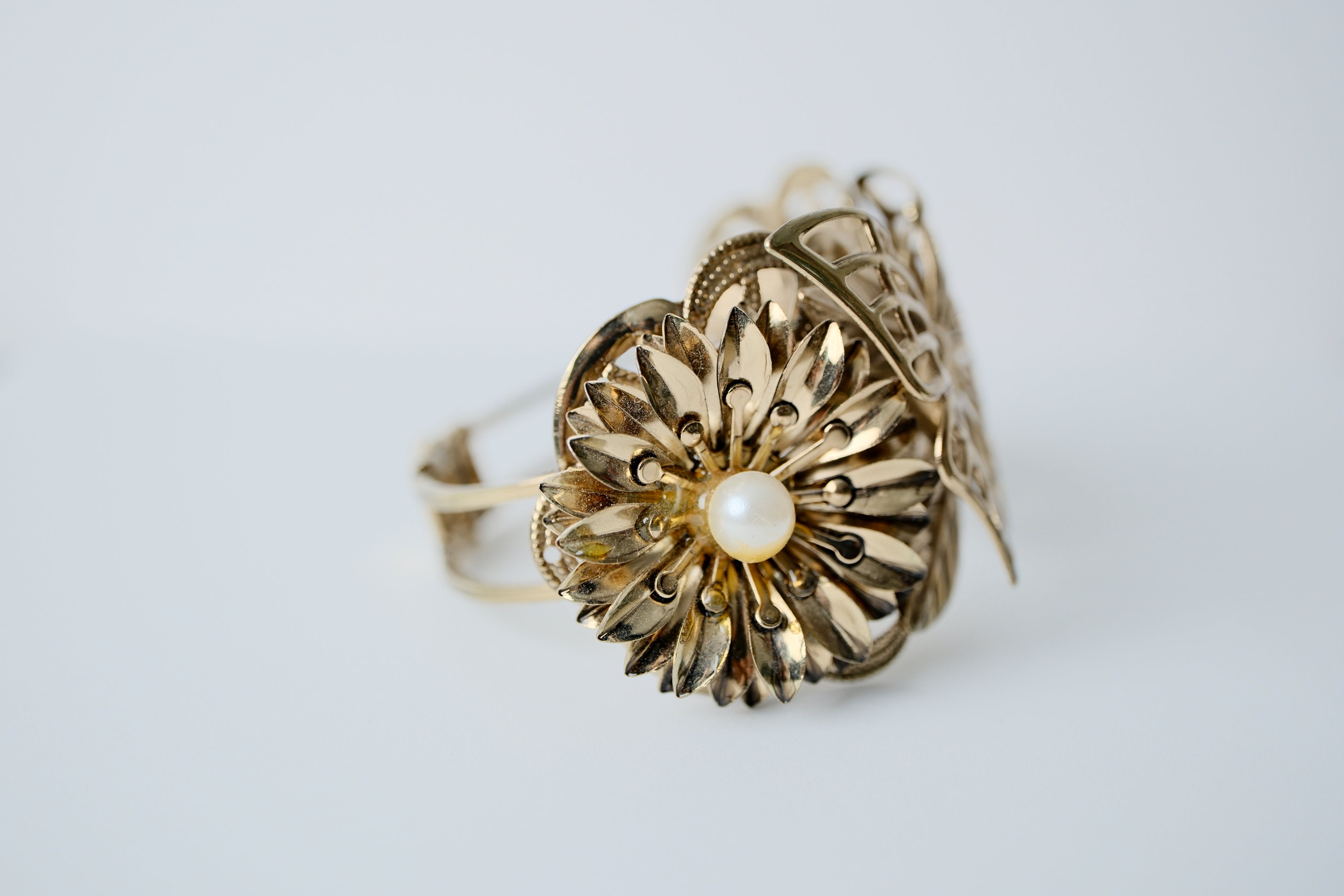 Vintage Gold Butterfly and Pearl Cuff Bangle