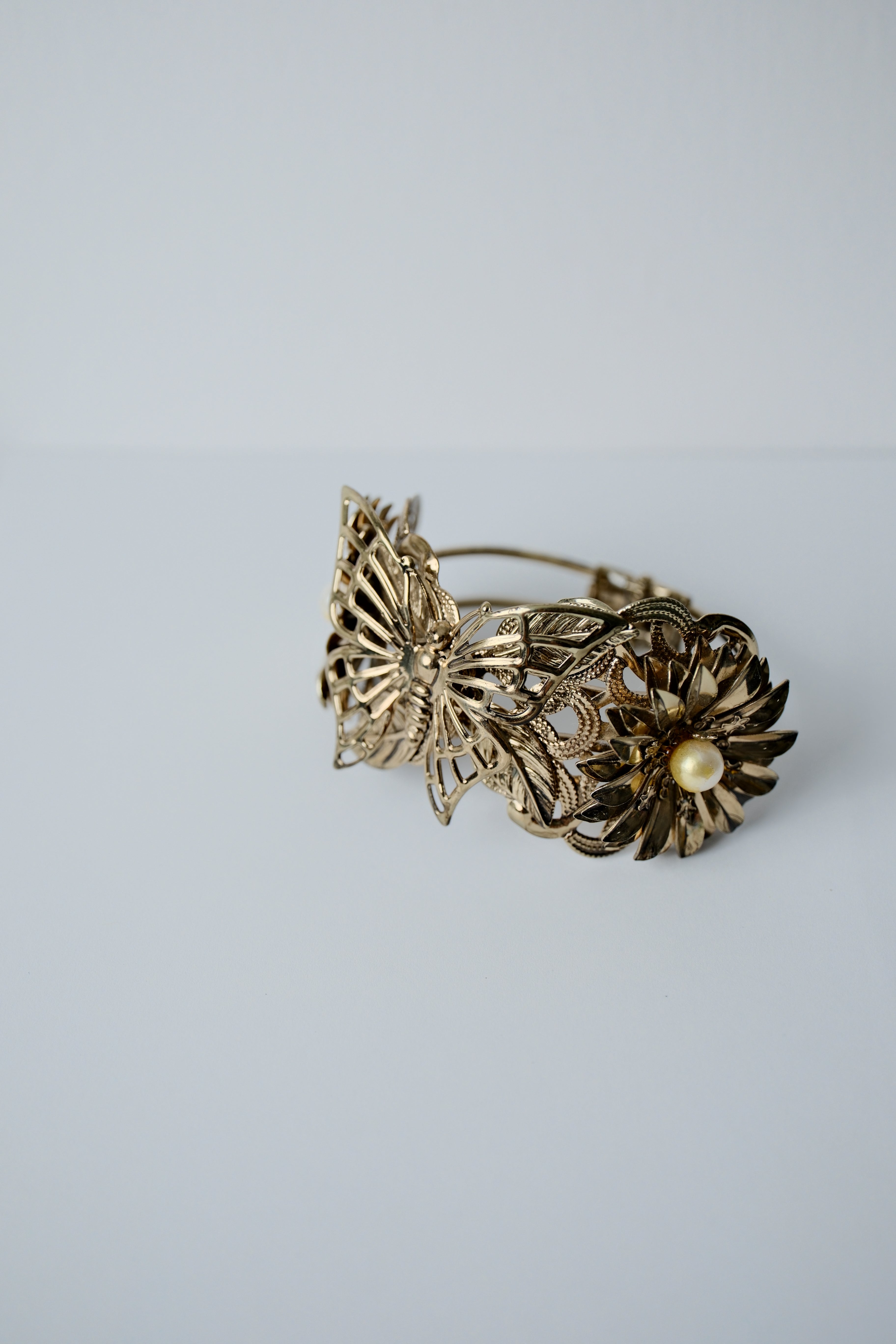 Vintage Gold Butterfly and Pearl Cuff Bangle