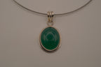 Sterling silver Oval green onyx pendant on silver-tone wire choker