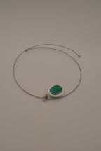 Sterling silver Oval green onyx pendant on silver-tone wire choker