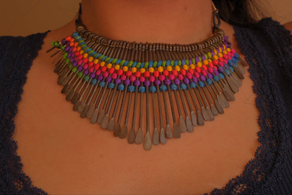 Boho brass spike statement necklace