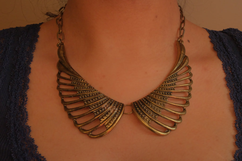 Vintage brass wing-shaped collar bib necklace