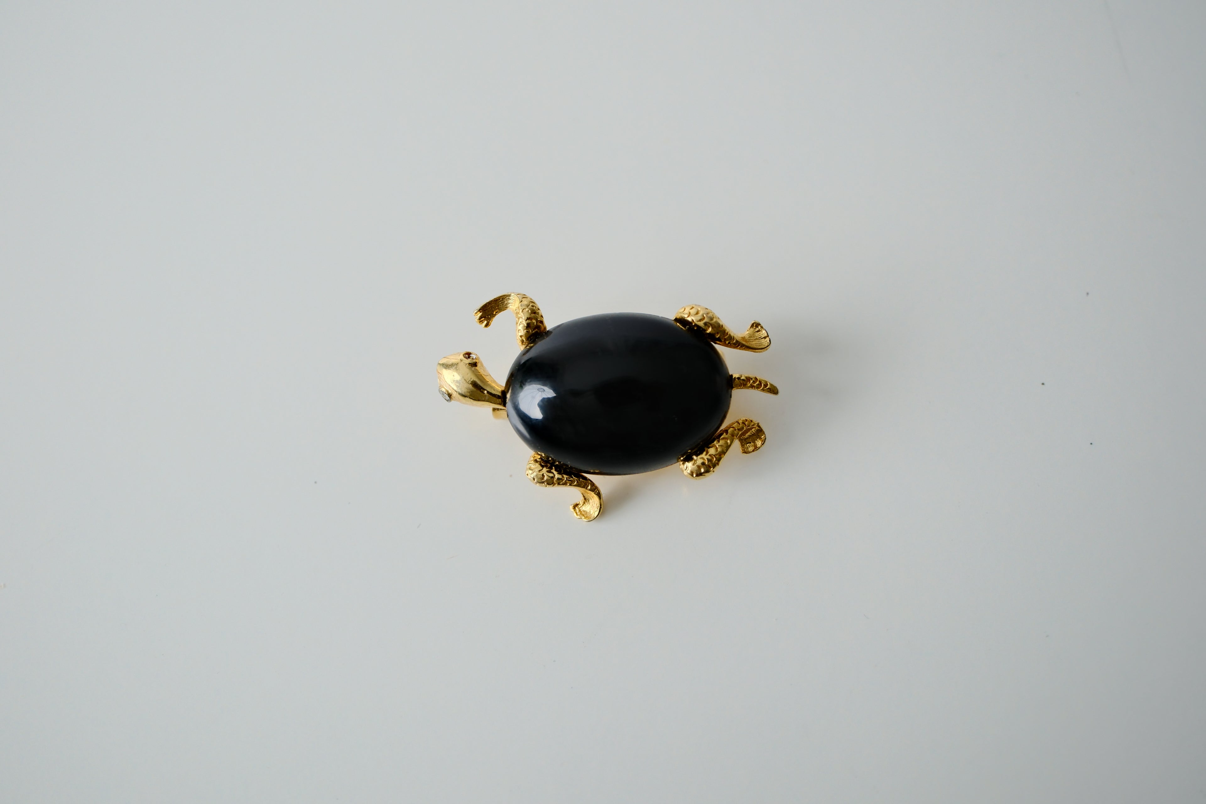 Vintage 1970s Black Oval Glass Turtle Brooch