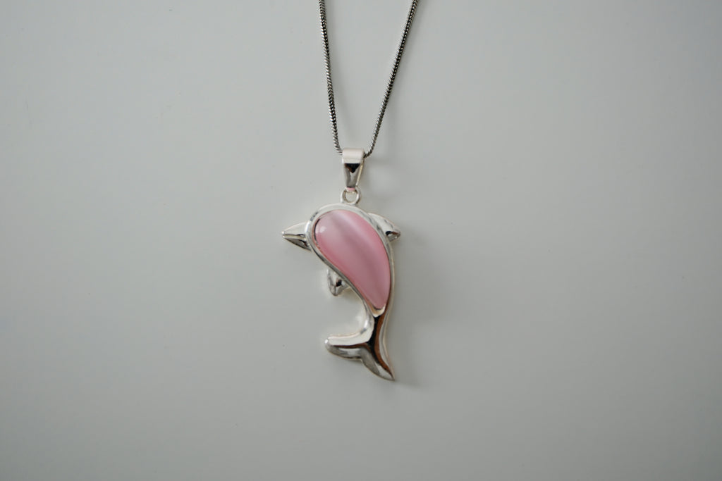 Sterling silver chain and Dolphin pendant with Pink stone