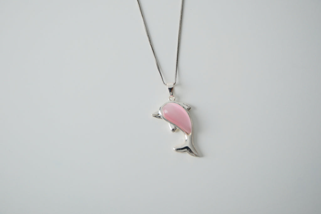 Sterling silver chain and Dolphin pendant with Pink stone