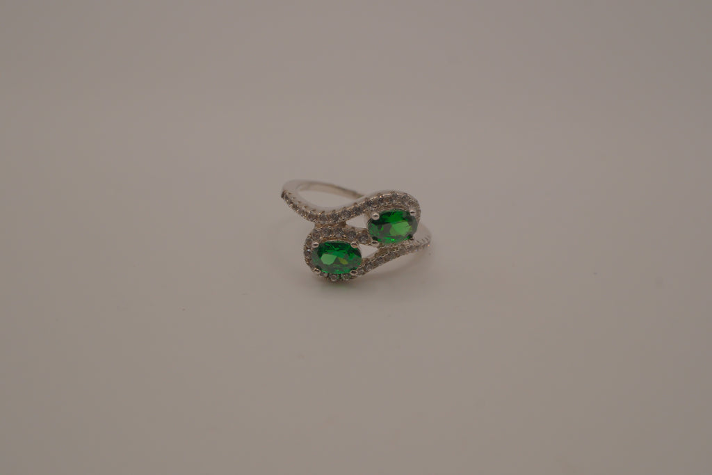 Sterling silver Toi et Moi style Green stone bypass ring