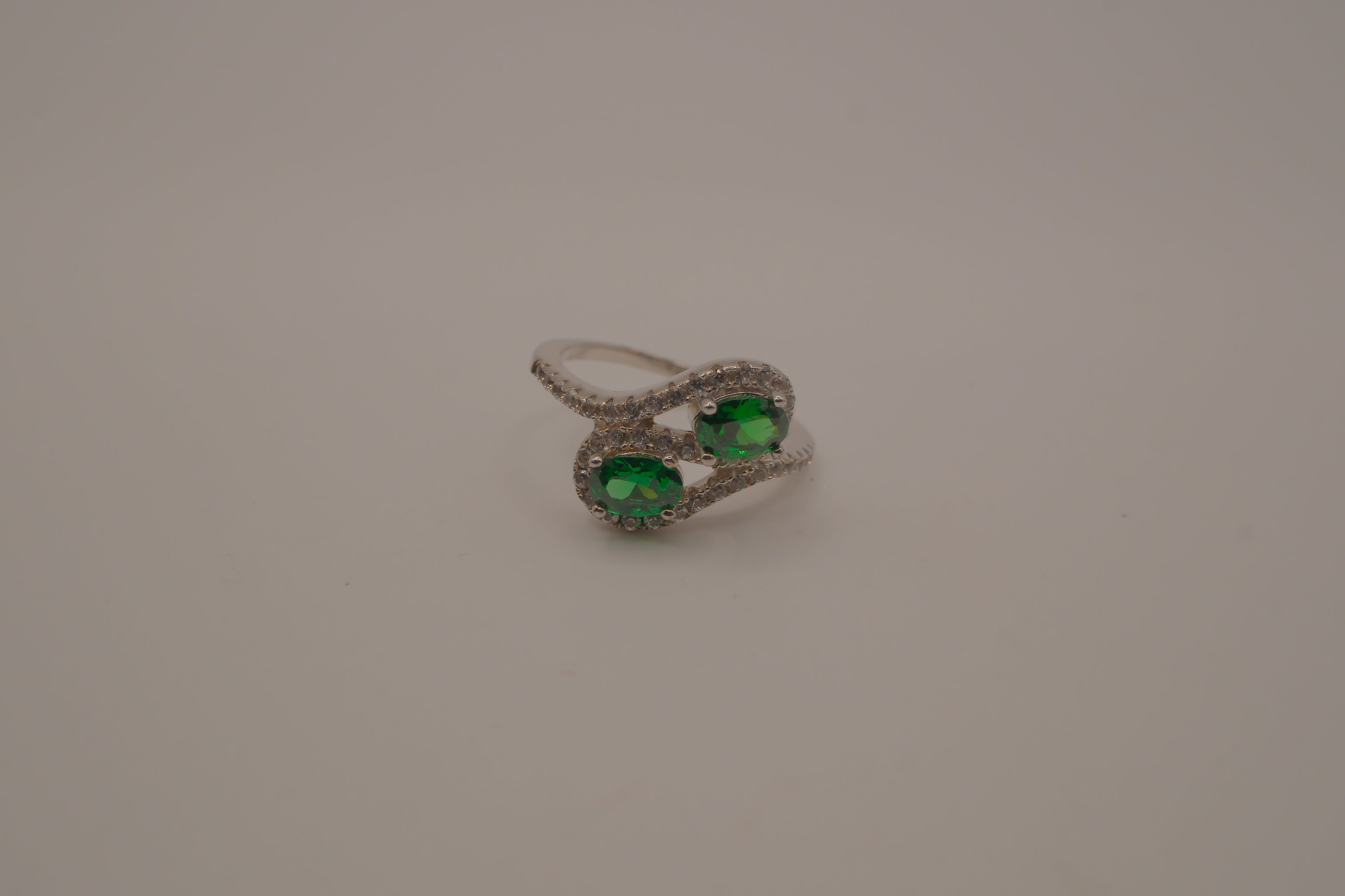 Sterling silver Toi et Moi style Green stone bypass ring