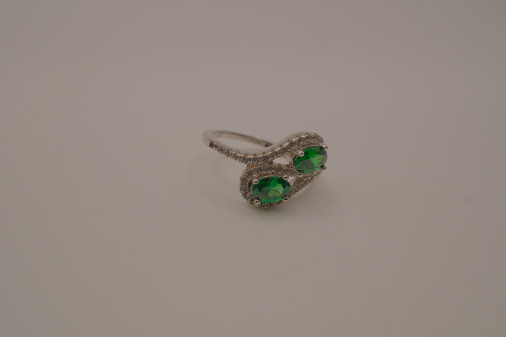 Sterling silver Toi et Moi style Green stone bypass ring