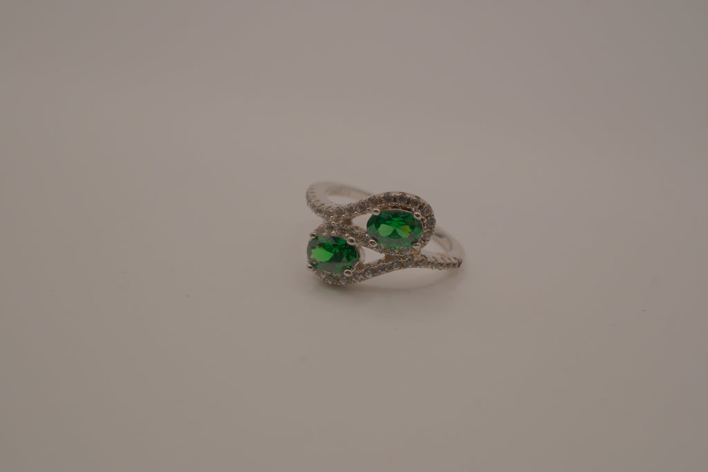 Sterling silver Toi et Moi style Green stone bypass ring