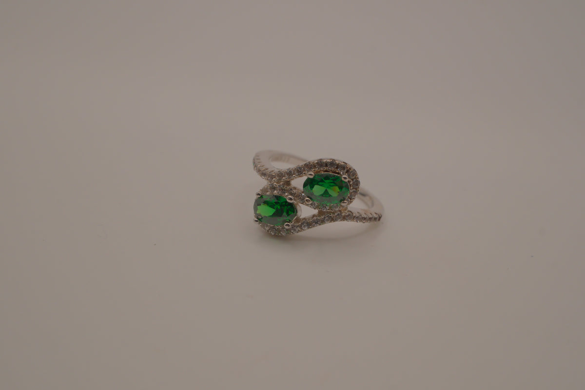 Sterling silver Toi et Moi style Green stone bypass ring