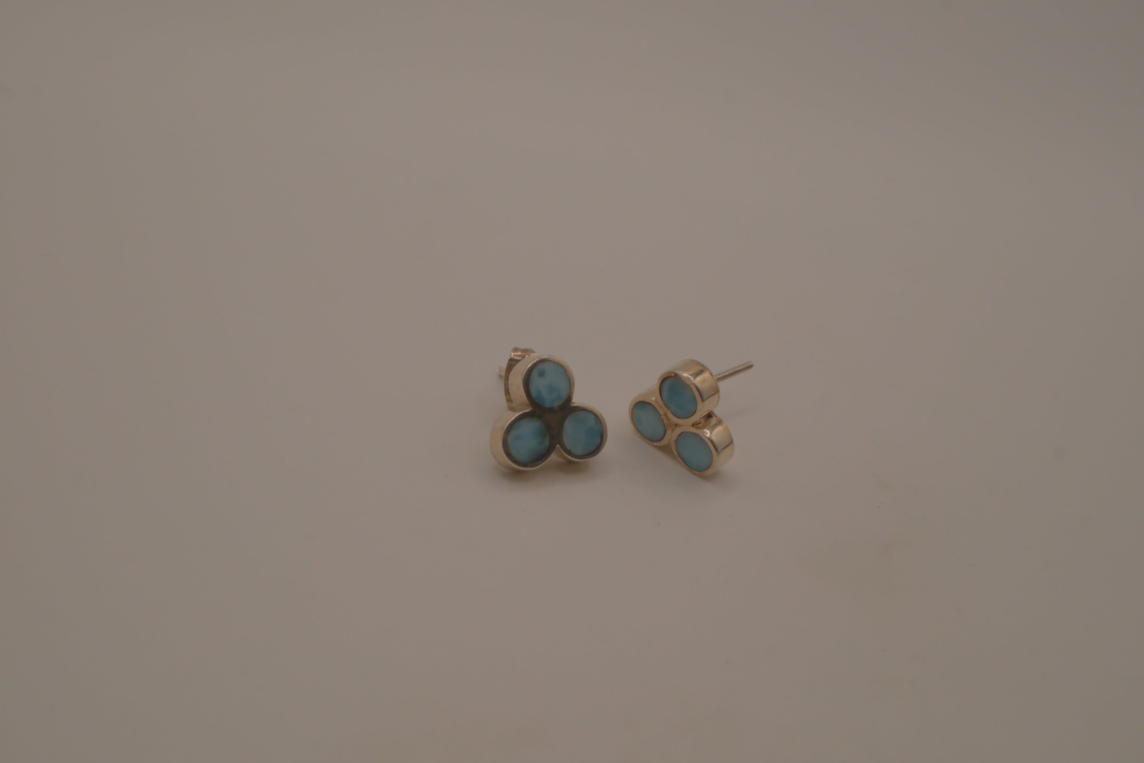 Vintage sterling silver triple-cluster Larimar stud earrings