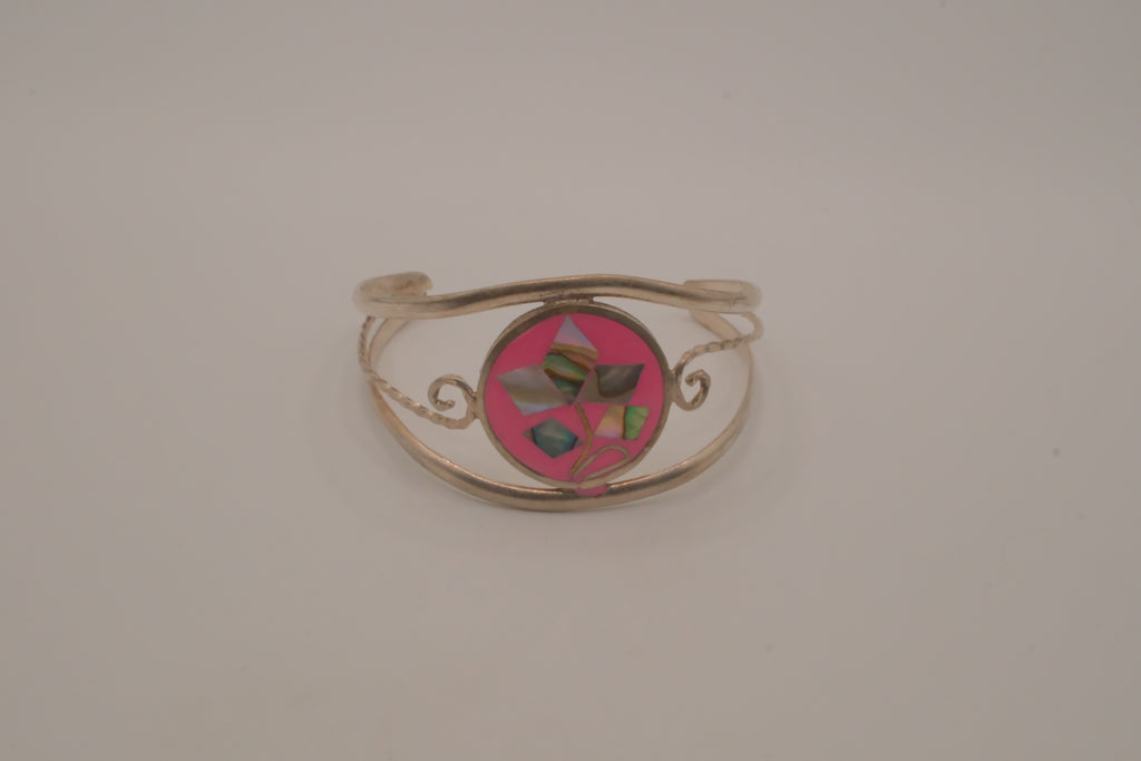 Vintage Mexican Alpaca silver Pink floral cuff bracelet