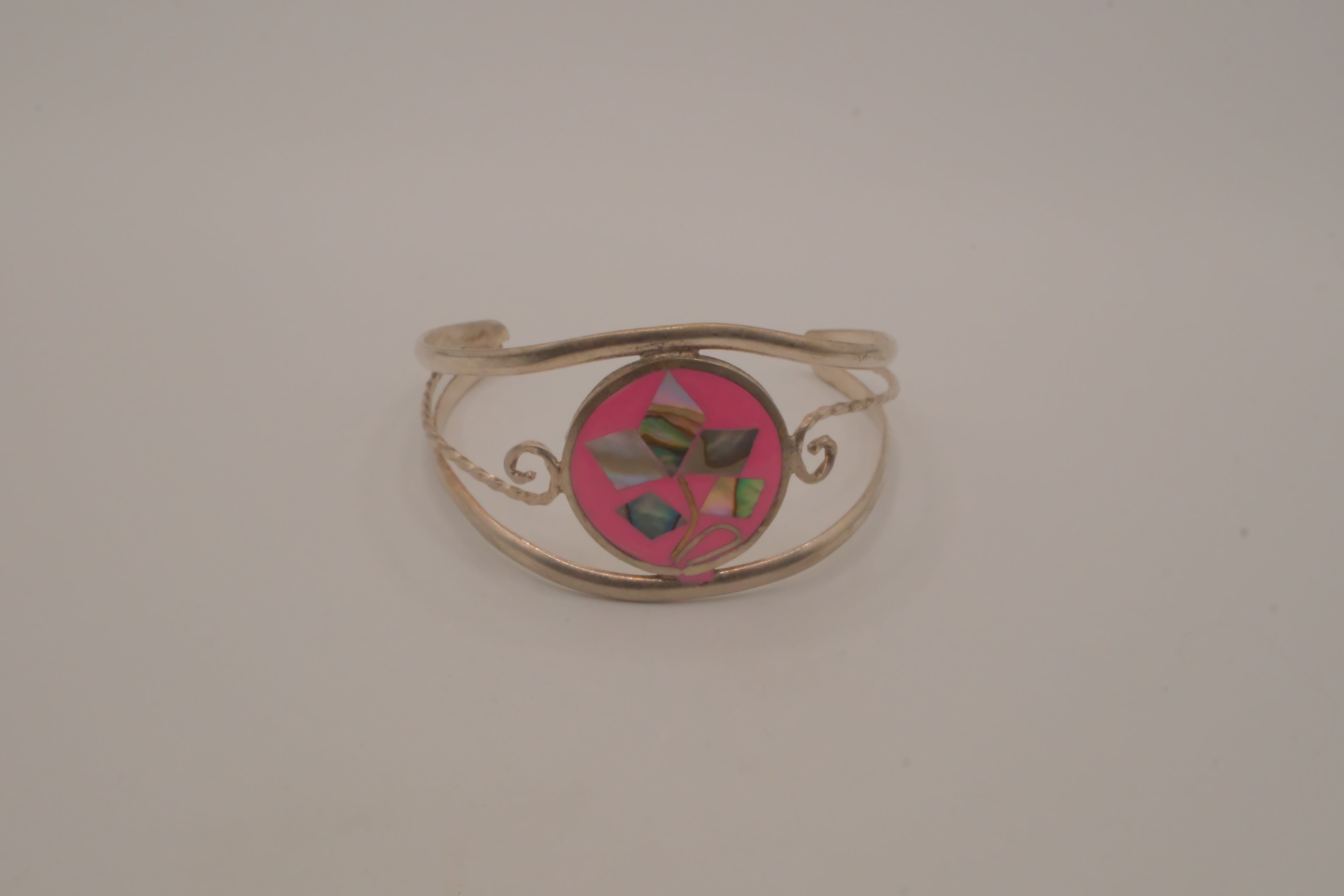 Vintage Mexican Alpaca silver Pink floral cuff bracelet