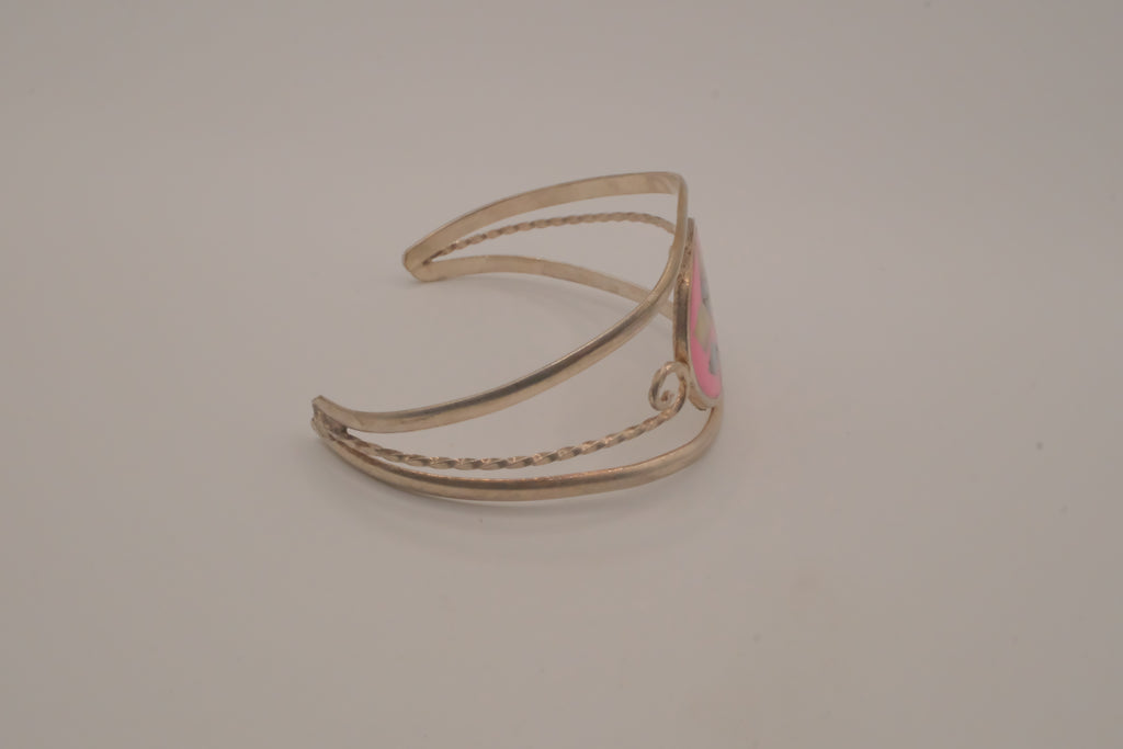 Vintage Mexican Alpaca silver Pink floral cuff bracelet