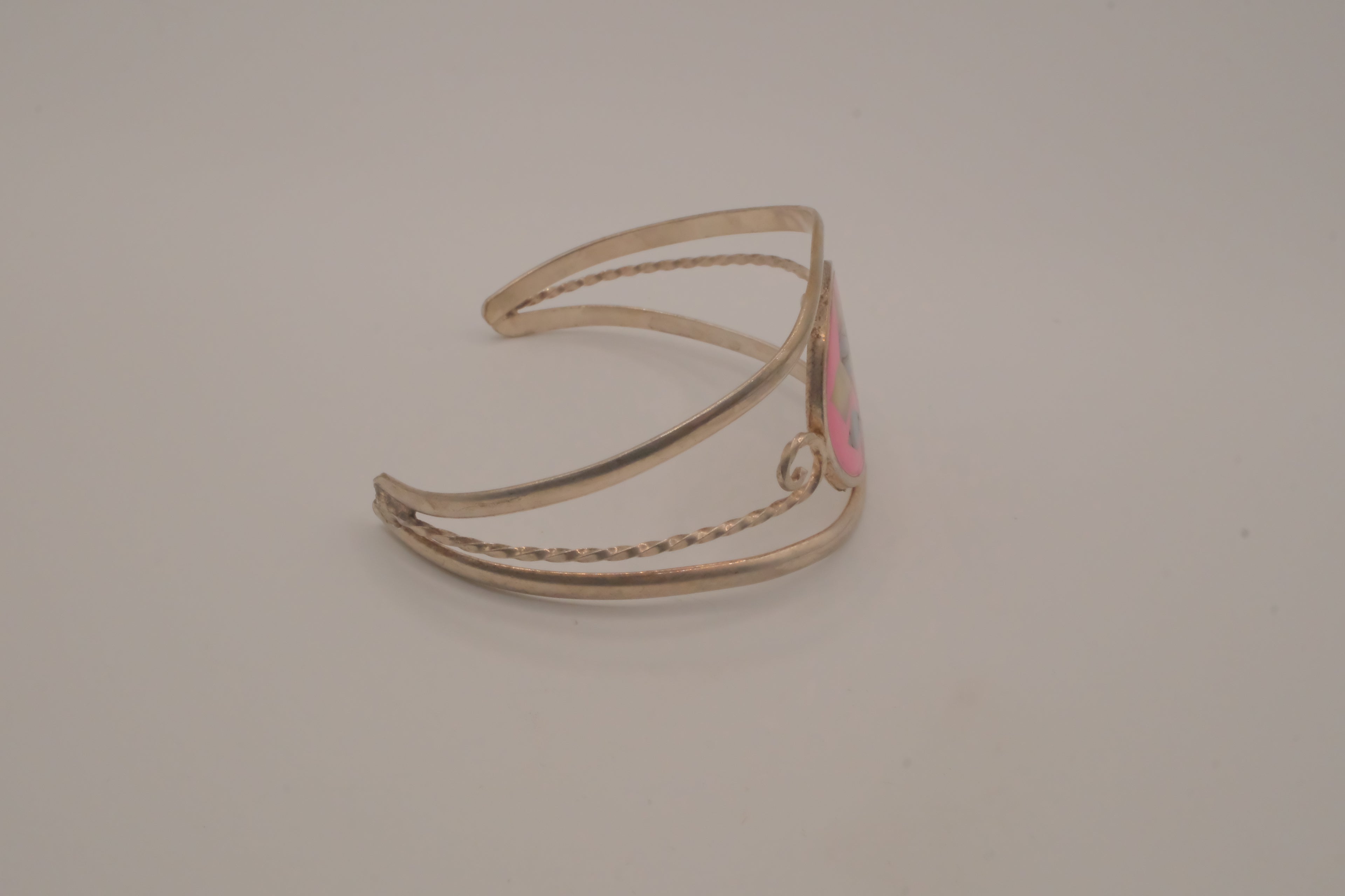 Vintage Mexican Alpaca silver Pink floral cuff bracelet