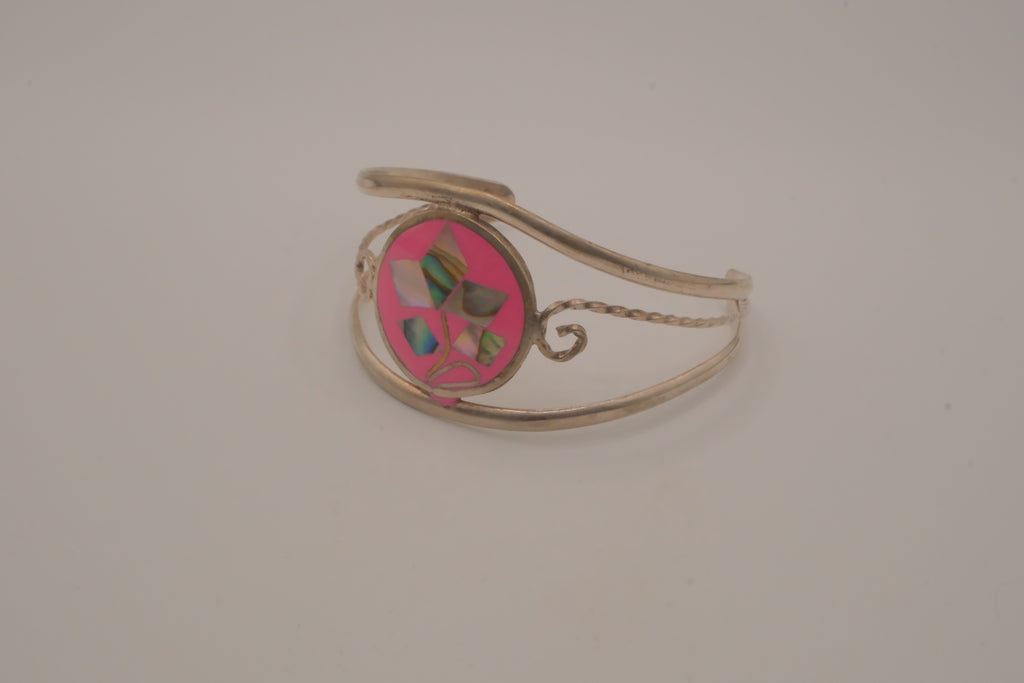 Vintage Mexican Alpaca silver Pink floral cuff bracelet