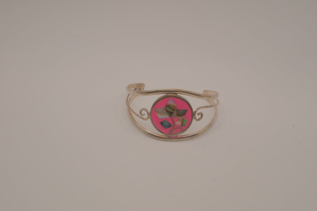 Vintage Mexican Alpaca silver Pink floral cuff bracelet