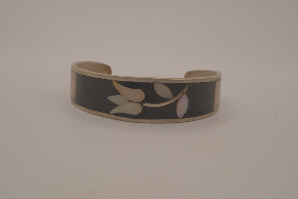 Vintage Mexican Alpaca silver tulip mother-of-pearl &nbsp;cuff bracelet