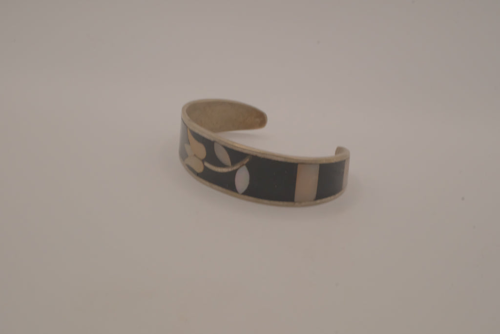 Vintage Mexican Alpaca silver tulip mother-of-pearl &nbsp;cuff bracelet