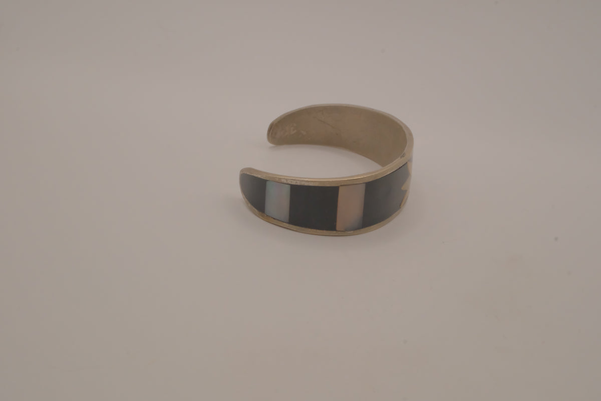 Vintage Mexican Alpaca silver tulip mother-of-pearl &nbsp;cuff bracelet