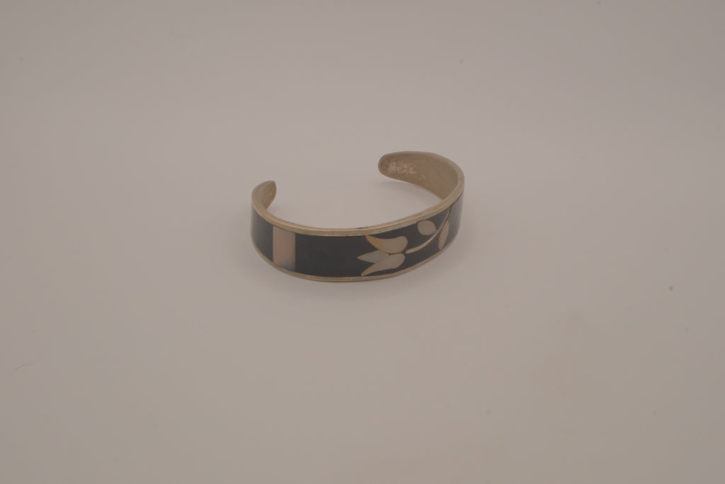 Vintage Mexican Alpaca silver tulip mother-of-pearl &nbsp;cuff bracelet