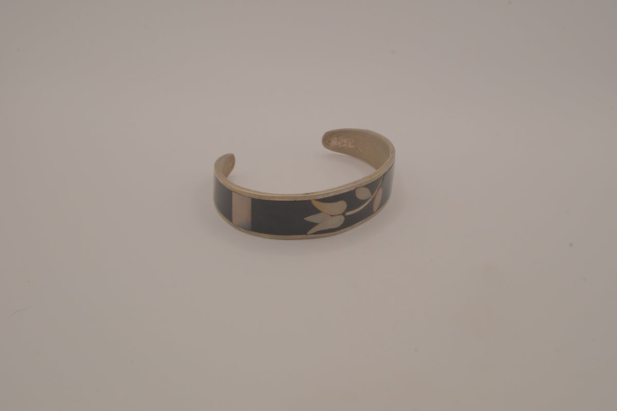 Vintage Mexican Alpaca silver tulip mother-of-pearl &nbsp;cuff bracelet