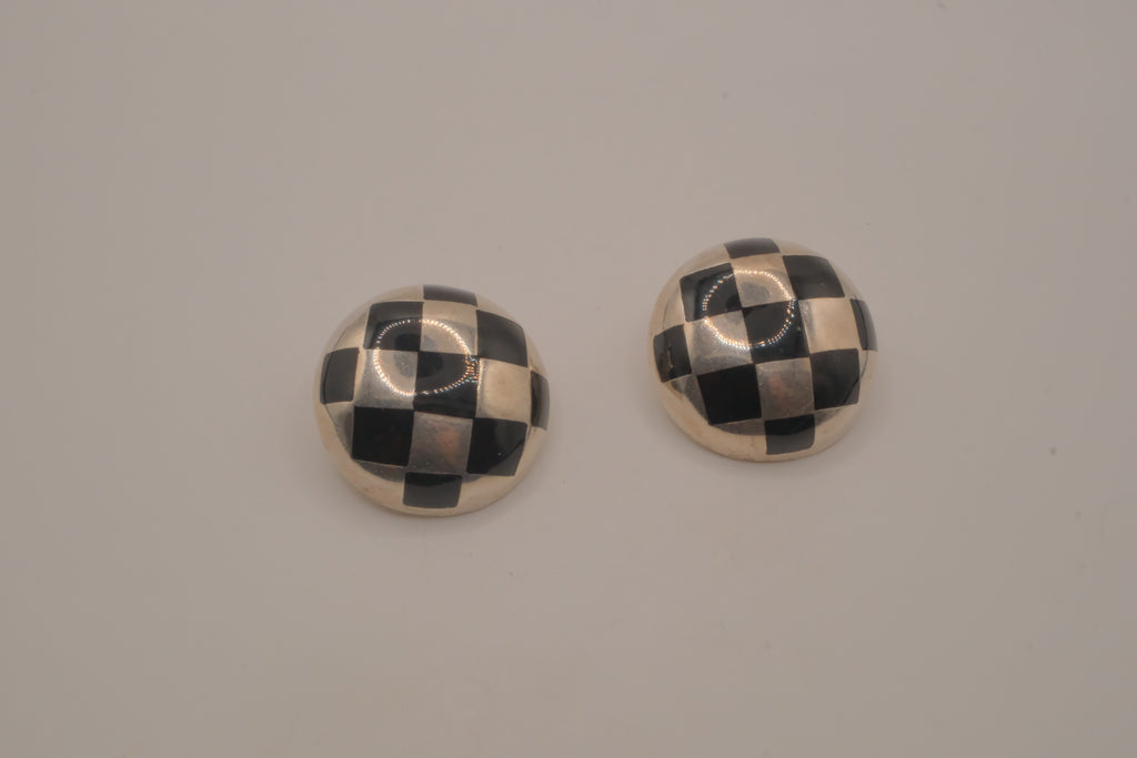 Vintage Sterling silver checkered dome clip-on earrings