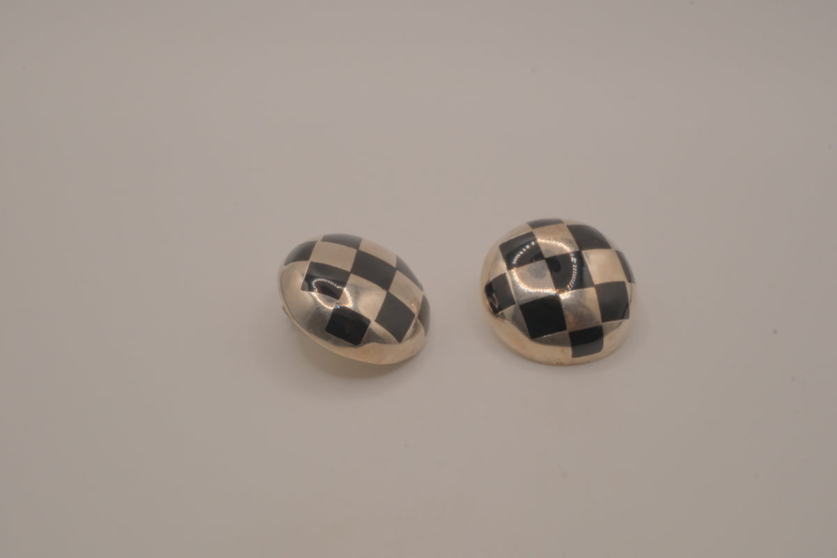 Vintage Sterling silver checkered dome clip-on earrings