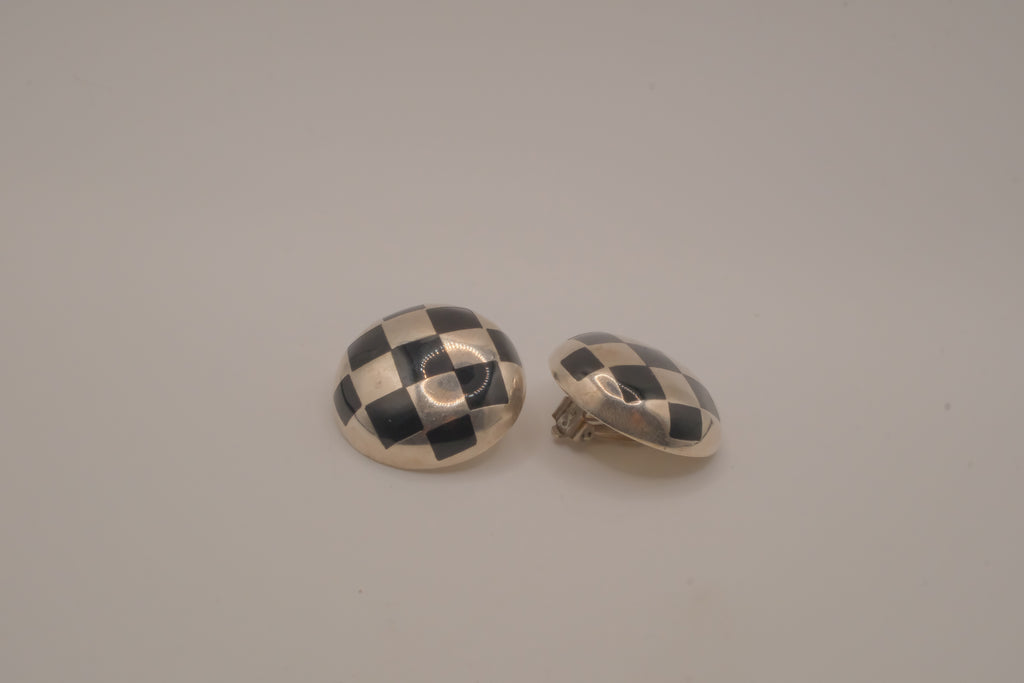 Vintage Sterling silver checkered dome clip-on earrings