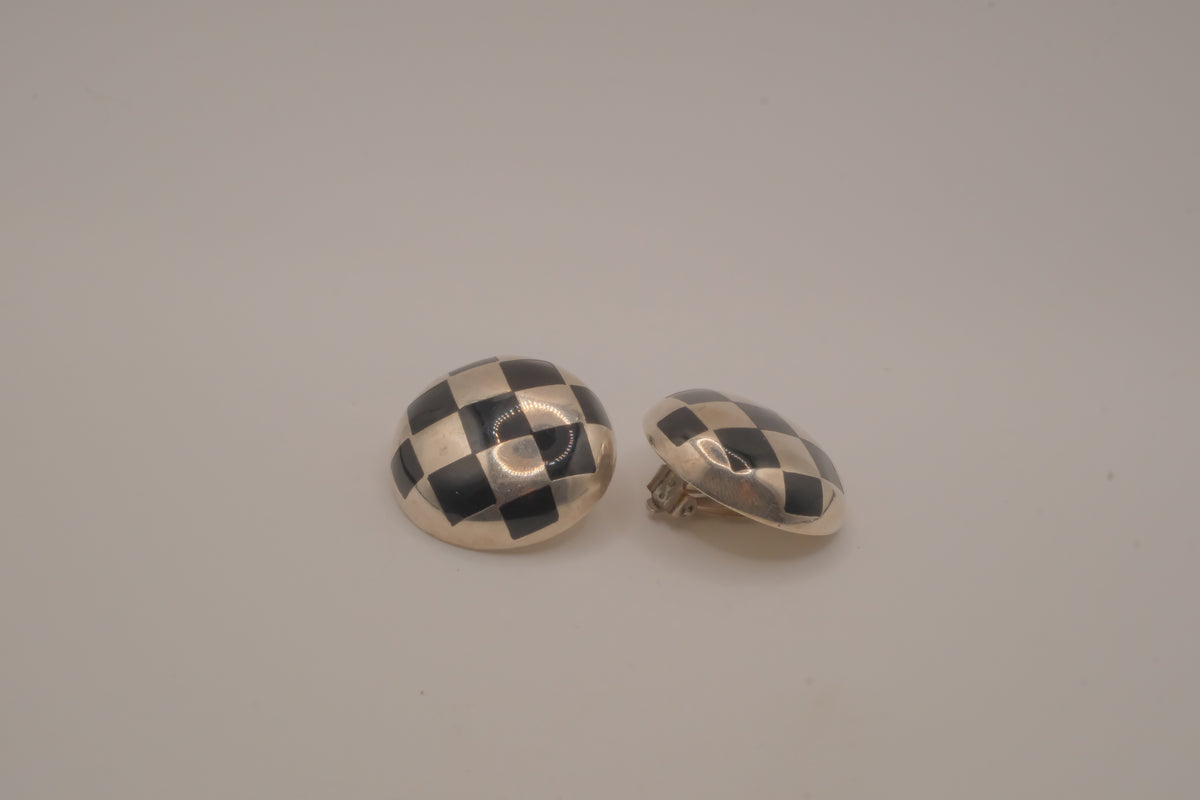 Vintage Sterling silver checkered dome clip-on earrings