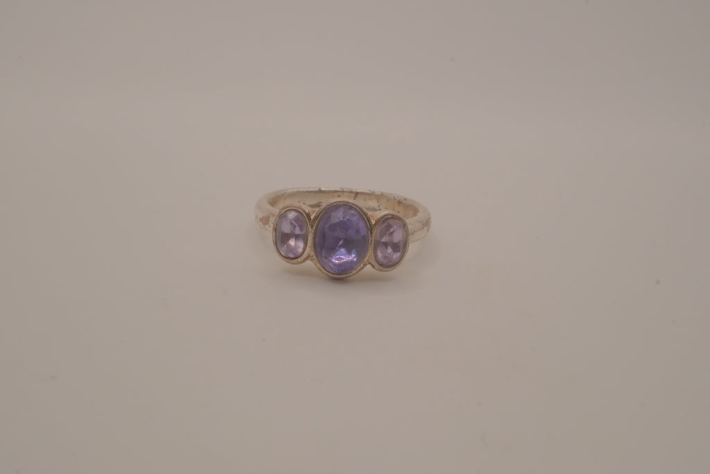 Vintage Sterling silver three-stone bezel-set Amethyst ring