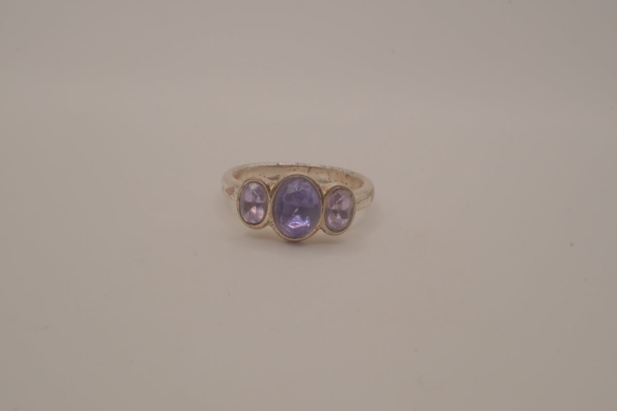Vintage Sterling silver three-stone bezel-set Amethyst ring