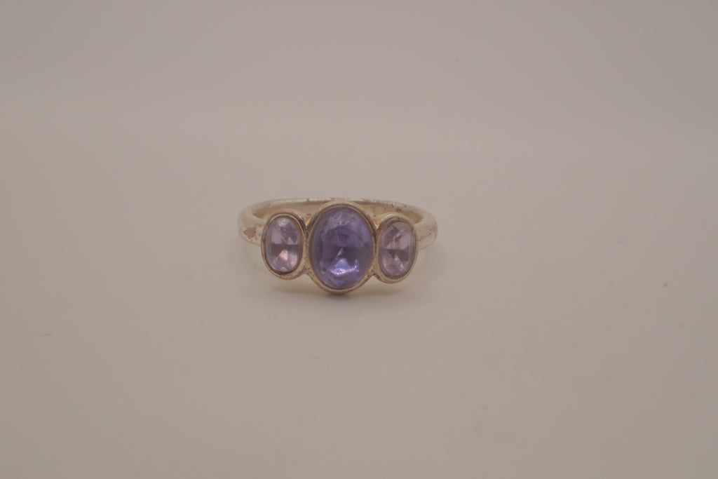 Vintage Sterling silver three-stone bezel-set Amethyst ring