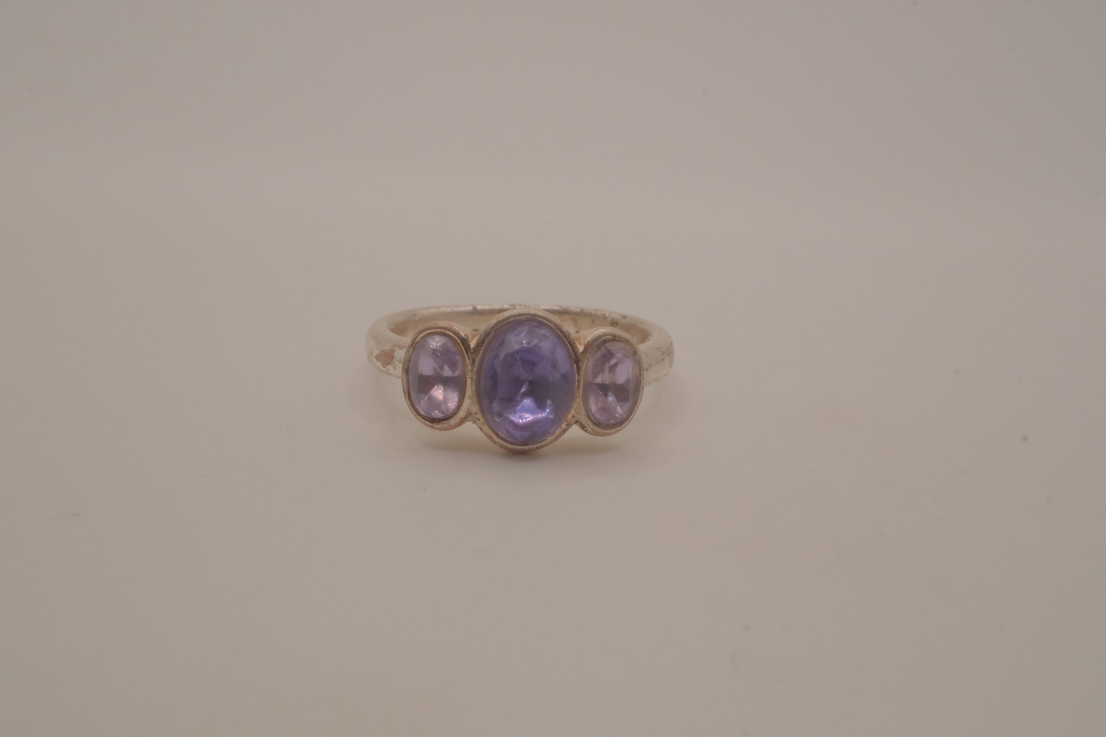 Vintage Sterling silver three-stone bezel-set Amethyst ring