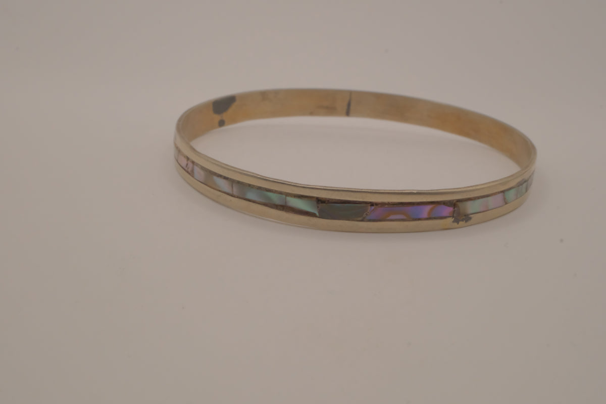 Vintage Mexican Alpaca silver Abalone inlay cuff bracelet