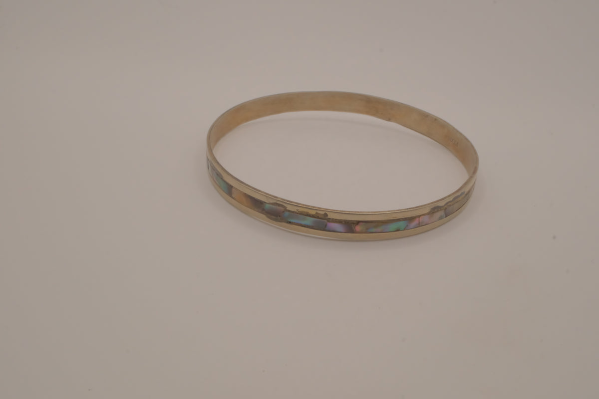Vintage Mexican Alpaca silver Abalone inlay cuff bracelet