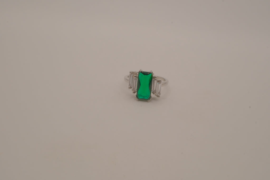 Sterling silver emerald-cut green gemstone ring